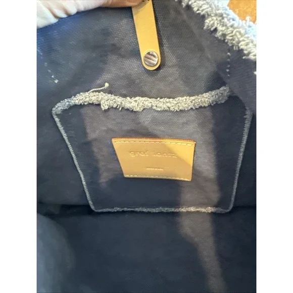 Graf Lantz Hana Canvas Boat Bag Tote Blue Fringe Edge 14x14" Leather Handles - Picture 7 of 9